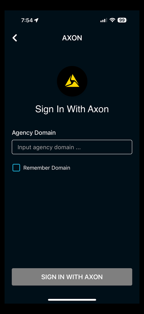 Recon-3D - Recon-3D mobile app Axon login screen for law enforcement agency domain authentication.