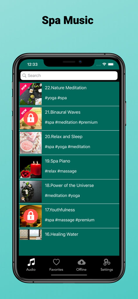 Smartphone screen showing a selection of spa and meditation music tracks including nature sounds and binaural waves