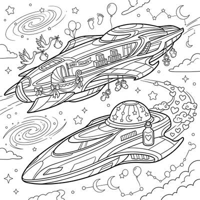 Prepare for an out-of-this-world celebration with this delightful baby shower coloring page! Two elegant luxury liners navigate the cosmos, adorned with charming details perfect for welcoming a new little one.