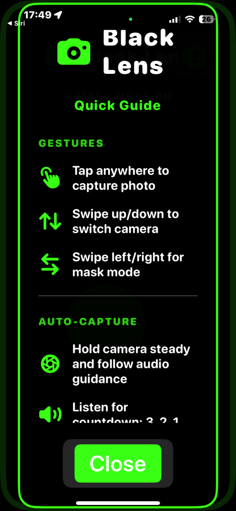 Black Lens - Black Lens app quick guide screen showing gestures for capturing photos and switching cameras with high contrast text