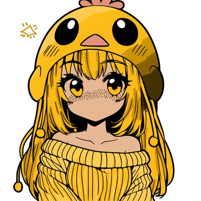 anime girl with chick shaped hat with sweater with bare shoulders with bangs covering them one eye with low tail