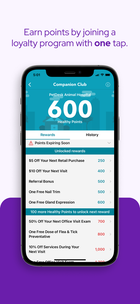 PetDesk App Companion Club Treueprogramm-Bildschirm, der 600 gesunde Punkte und eine Liste verfügbarer Prämien wie Rabatte und kostenlose Haustierleistungen anzeigt.