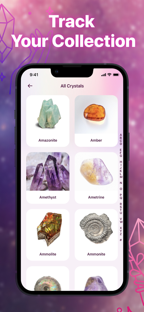 Healing Pal:Crystal Identifier - A mobile interface from the Healing Pal app showing a grid of different crystals including Amethyst and Amber under the heading Track Your Collection