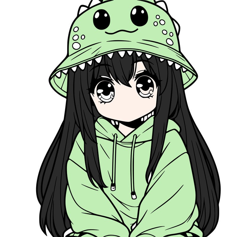 girl with anime shaped eyes with a dinosaur bucket hat oversized sweatshirt long straight hair
