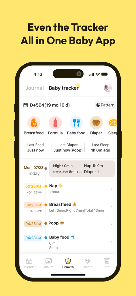Family Album - Babyfolio - 수유, 수면 및 이정표에 대한 일일 로그를 보여주는 아기 추적 기능의 모바일 인터페이스