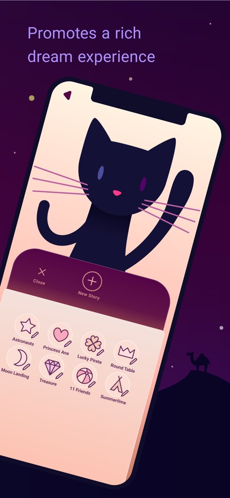 Sleepy - Fall asleep for kids. - Pantalla de la aplicación Sleepy que muestra una ilustración de gato negro y un menú de temas de cuentos para dormir que incluyen astronautas y piratas