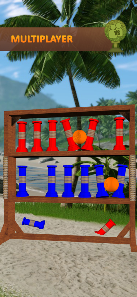 Survivor Duel multiplayer mode showing a 1v1 throwing challenge with obstacles on a beach
