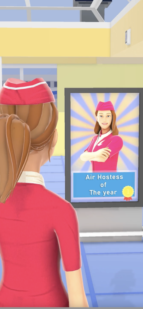 Hyper Hostess - A character in a red uniform looking at an Air Hostess of the Year achievement poster in the game Hyper Hostess