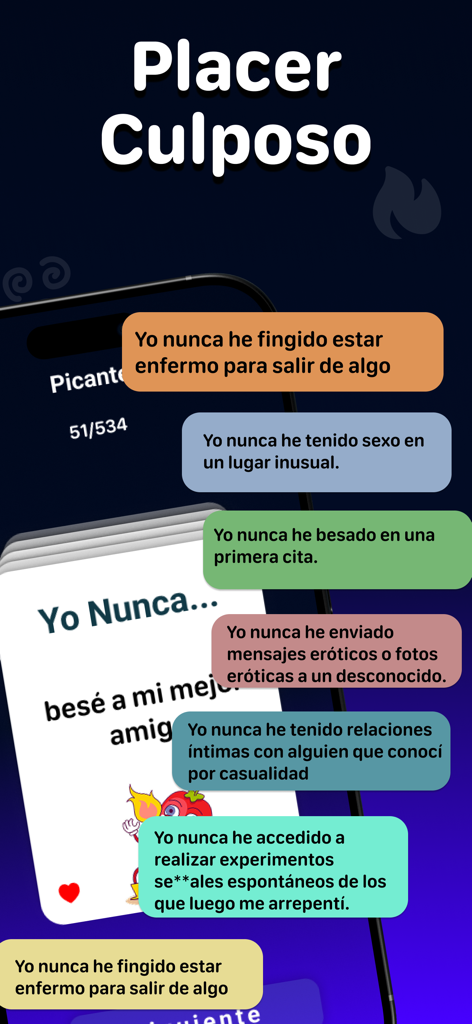 I Have Never Dirty Game - Schermata del cellulare che mostra varie domande del gioco di festa in spagnolo Never Have I Ever dall'app Io Non Ho Mai Sporco.