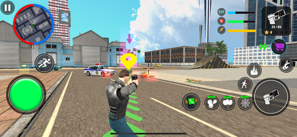 A character aims a gun in an open world city with a police car and warehouse in Gangster Crime Thug War.