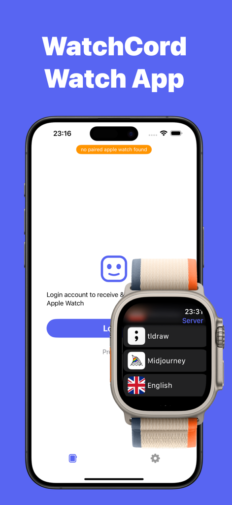 WatchCord interface showing Discord server list on Apple Watch and login screen on iPhone