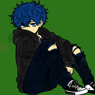 a male hoddie ripped jeans messy hair anime