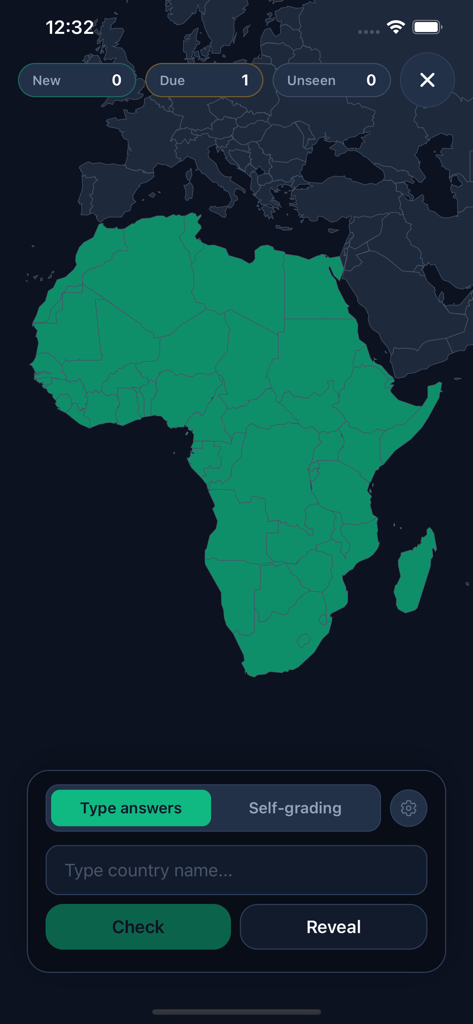 A geography quiz on the GeoWiz app featuring an interactive map of Africa for country identification