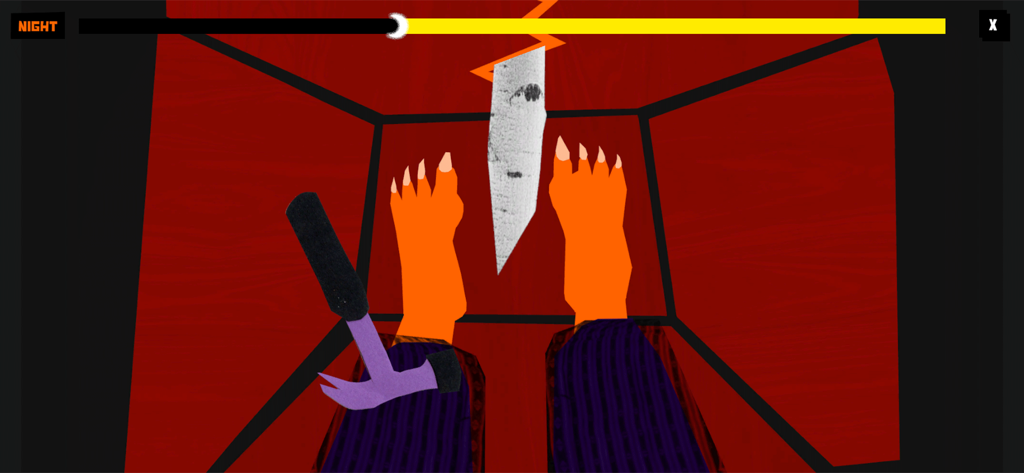 Real Vampires - A surreal mini game scene from Real Vampires showing a hammer and a stake near orange vampire feet
