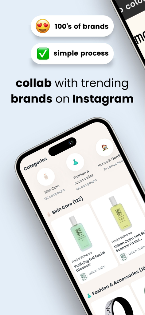 Stack Influence: Creator Deals - Stack Influence app screen showing brand collaboration categories like skin care and fashion
