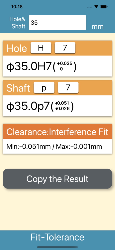 Interface of the Fit Tolerance Calculator app displaying ISO hole and shaft interference fit data