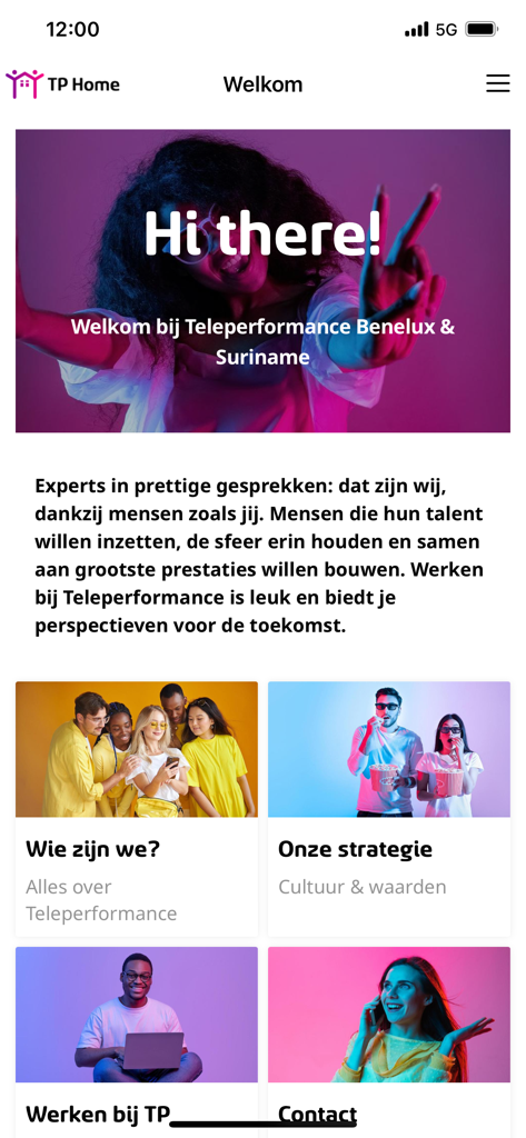TP Home - TP Home mobile app welcome screen showing company culture and employee information sections