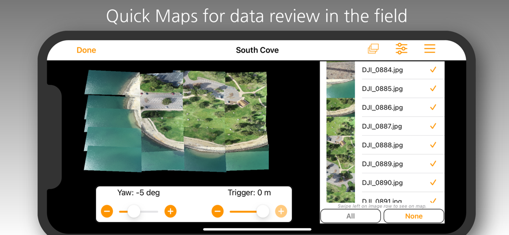 Map Pilot Pro-Oberfläche, die die Quick Maps-Funktion zur Überprüfung von gestitchten Drohnen-Luftbildern und Dateiprotokollen im Feld anzeigt