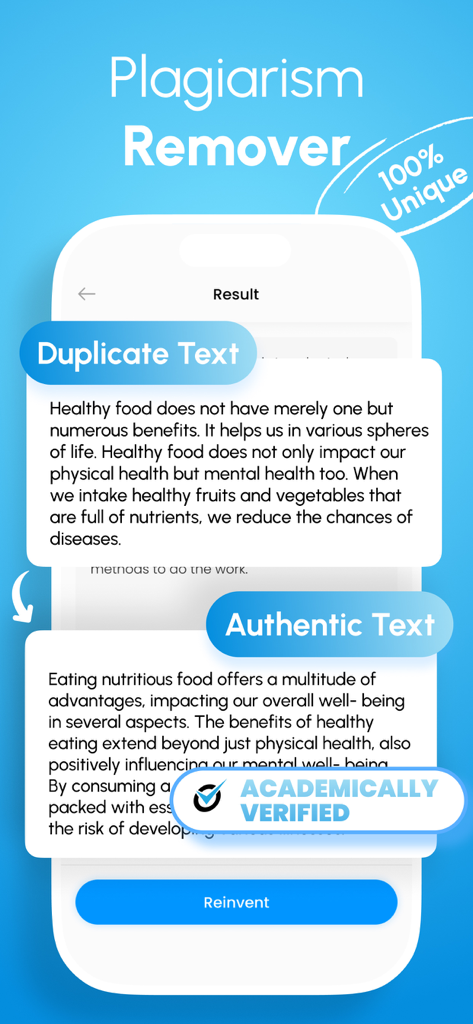 Plagiarism Checker & AI Detect - 盗作リムーバーアプリで、重複テキストがユニークで本物のテキストに変換されていることを示すインターフェース