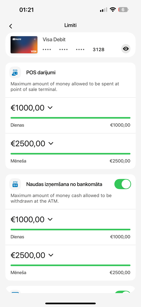 Pasts Pay - Pasts Pay mobile app screen showing daily and monthly transaction and ATM withdrawal limits for a Visa Debit card