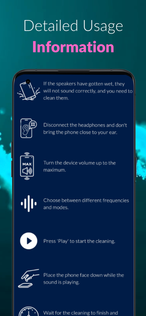 Speaker Cleaner Proで電話スピーカーをクリーニングするための詳細な使用方法を示すアプリ画面