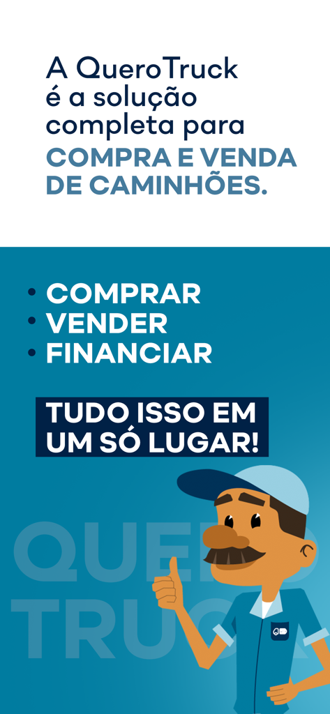 QueroTruck - Grafica promozionale per l'app QueroTruck che evidenzia le funzionalità per acquistare, vendere e finanziare camion in un unico posto.