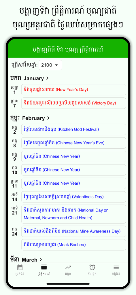 Schermata dell'app Calendario Lunare Khmer che mostra un elenco di festività cambogiane e internazionali in khmer e inglese