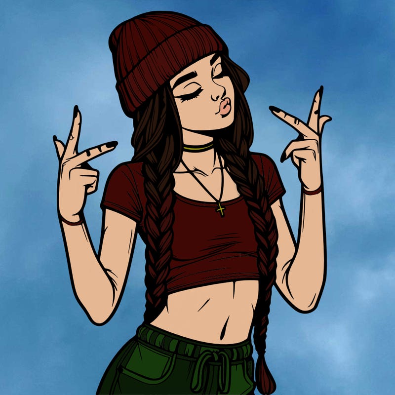 realistic teenage girl with braids and a beanie and crop top doing 🫶🏼