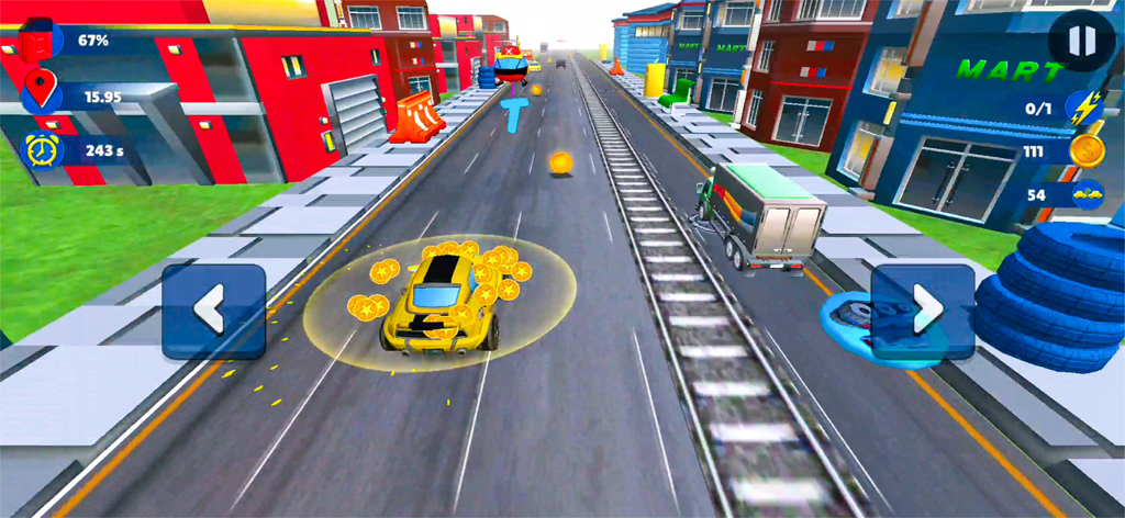 Mini Car Racing Game Offline - Gameplay of Mini Car Racing Game Offline featuring a yellow car collecting coins on a multi-lane highway.