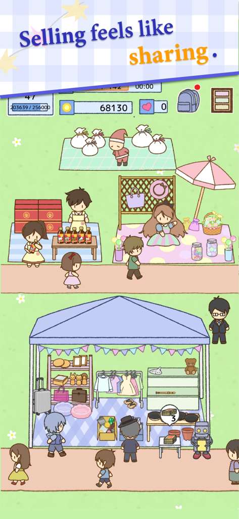 Treasure Flea Market: Cozy Sim - カラフルな屋台でリサイクルされたアイテムを販売したり閲覧したりするキャラクターが登場する、居心地の良いフリーマーケットのシーン。