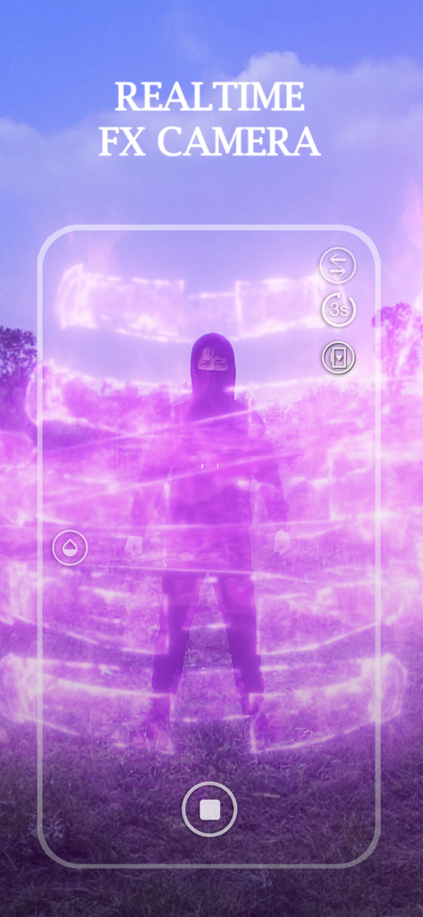 VFX Video Editing Super Powers - Real-time VFX camera app interface showing a person surrounded by a glowing purple magic circle superpower effect.