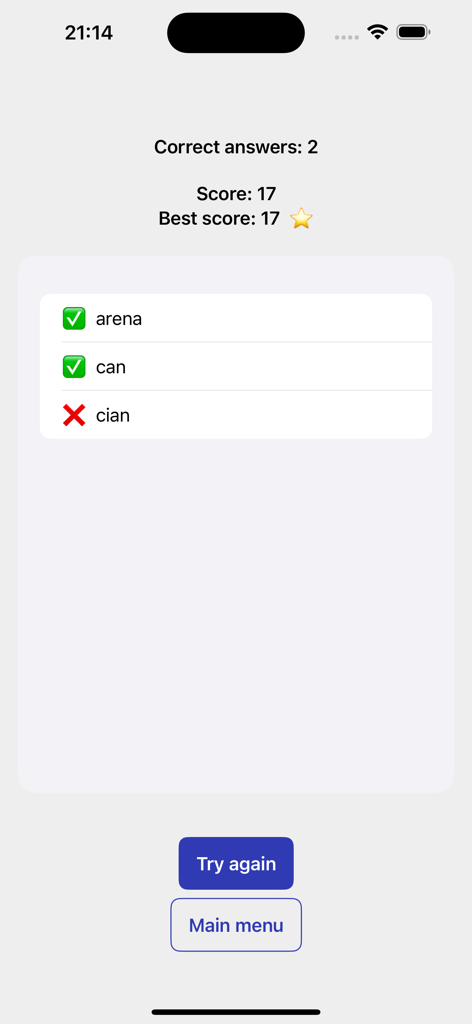 Countdown Letters & Numbers - Una pantalla de resultados que muestra puntuaciones y validación de palabras en la aplicación Countdown Letras y Números.