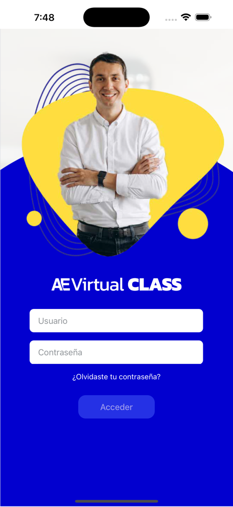 Login screen of the AE Virtual Class app featuring Spanish input fields and an Acceder button