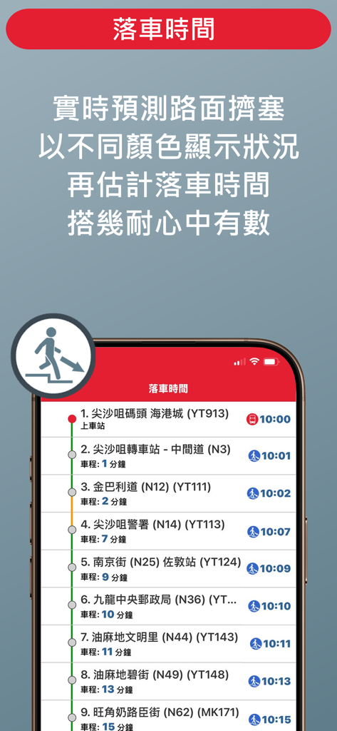 Screenshot of App1933 showing real-time estimated bus arrival times and traffic conditions for various stops