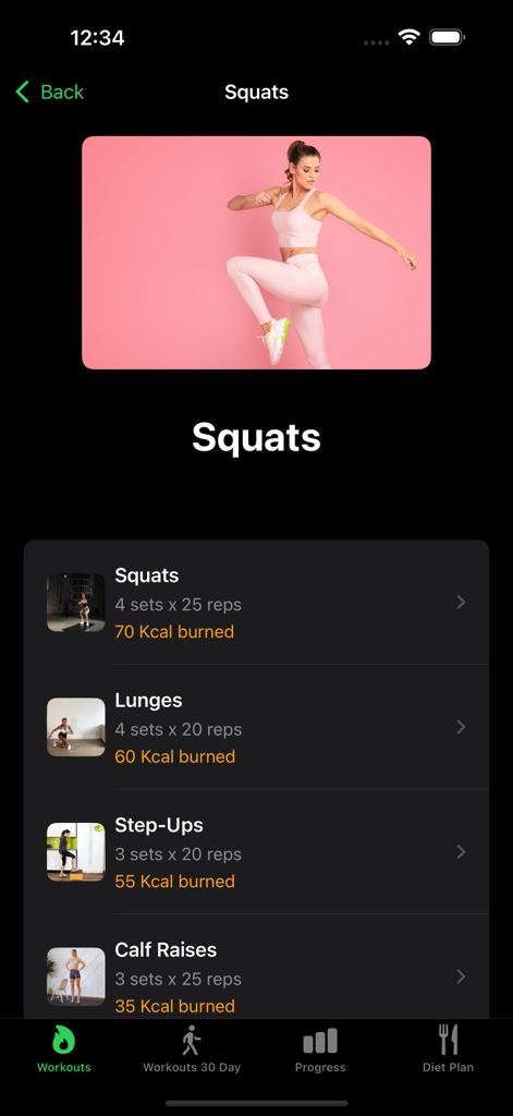 Lose Belly Fat: Women Fitness - Lista de rutinas de entrenamiento en la aplicación Pierde Grasa Abdominal para mujeres que muestra sentadillas y zancadas con series y calorías quemadas.