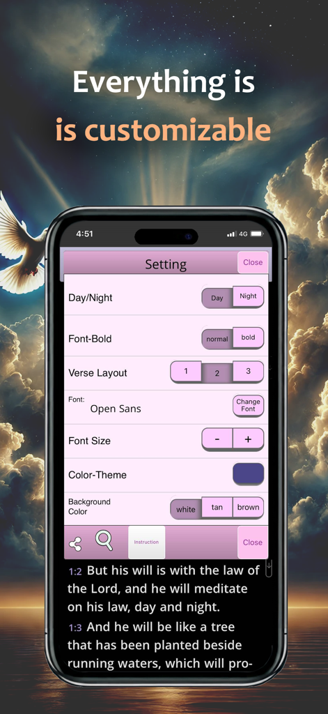 Menú de configuración de la aplicación Biblia Católica mostrando opciones para el tamaño de fuente en modo día y noche y el diseño de los versículos