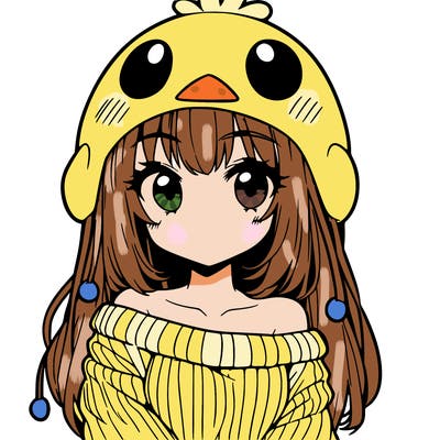 anime girl with chick shaped hat with sweater with bare shoulders with bangs covering them one eye with low tail