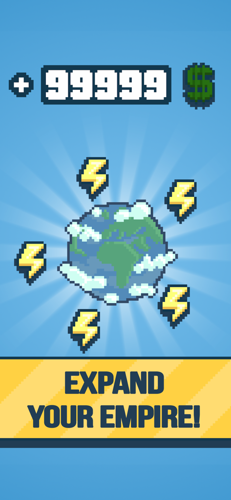 Pixel art de la Terre entourée d'éclairs avec le texte Développez votre empire et un total d'argent élevé