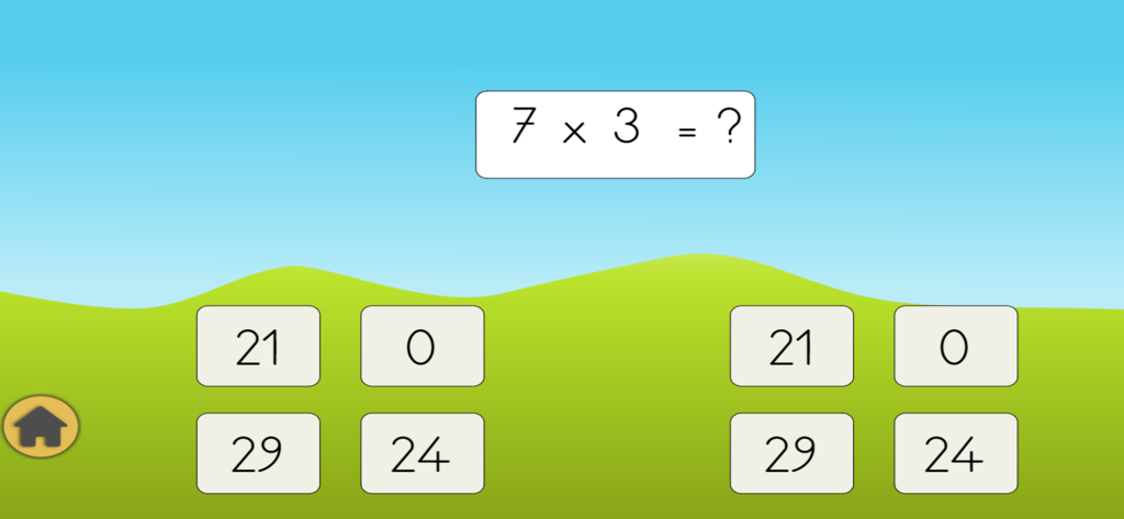 Çarpım Tablosu Oyunları - Multiplication quiz interface showing a math problem with multiple choice answers