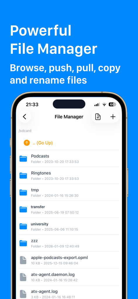 ADB Connect & Debugger for ATV - iPhone画面にフォルダとファイルが表示された、ADB ConnectおよびDebugger for ATVのファイルマネージャーインターフェースのスクリーンショット。