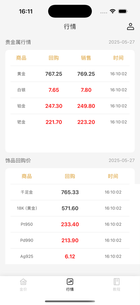 Real-time precious metal and jewelry recycling market prices on Rong Jin Tong app.