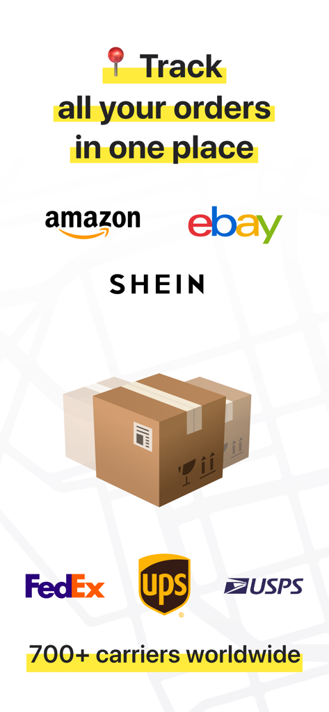 Package tracker: Parcels Hub - Promotional graphic for Parcels Hub showing support for Amazon eBay SHEIN FedEx UPS and USPS tracking