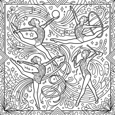 Capture the beauty and athleticism of rhythmic gymnastics with this intricate coloring page. Featuring four gymnasts gracefully performing with their apparatus amidst a vibrant, swirling background.