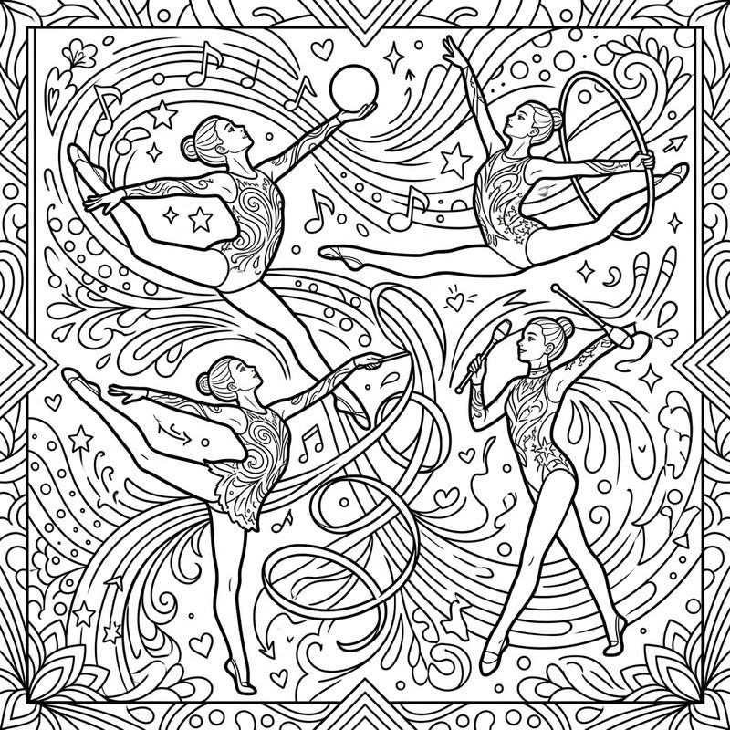 Capture the beauty and athleticism of rhythmic gymnastics with this intricate coloring page. Featuring four gymnasts gracefully performing with their apparatus amidst a vibrant, swirling background.