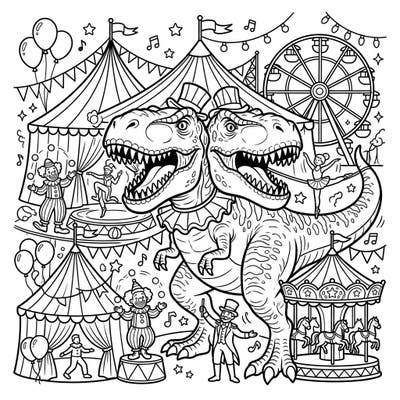 Journey into a world where fierce T-Rexes become the stars of the show in this exciting carnival coloring page. Featuring two-headed dinosaurs with impressive teeth amidst circus tents, clowns, and fairground rides, it promises hours of creative fun.