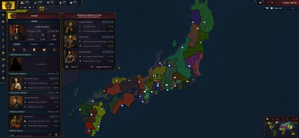 Captura de pantalla del juego Age of History 3 que muestra un mapa detallado del Japón feudal y un menú para contratar asesores administrativos.