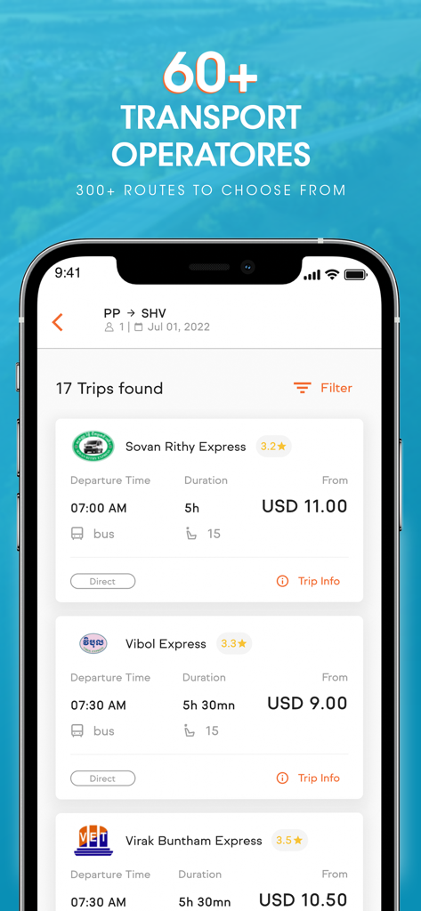 BookMeBus — Bus Ferry and Taxi - BookMeBus app screen displaying a list of available bus trips with prices and operator ratings for travel in Cambodia