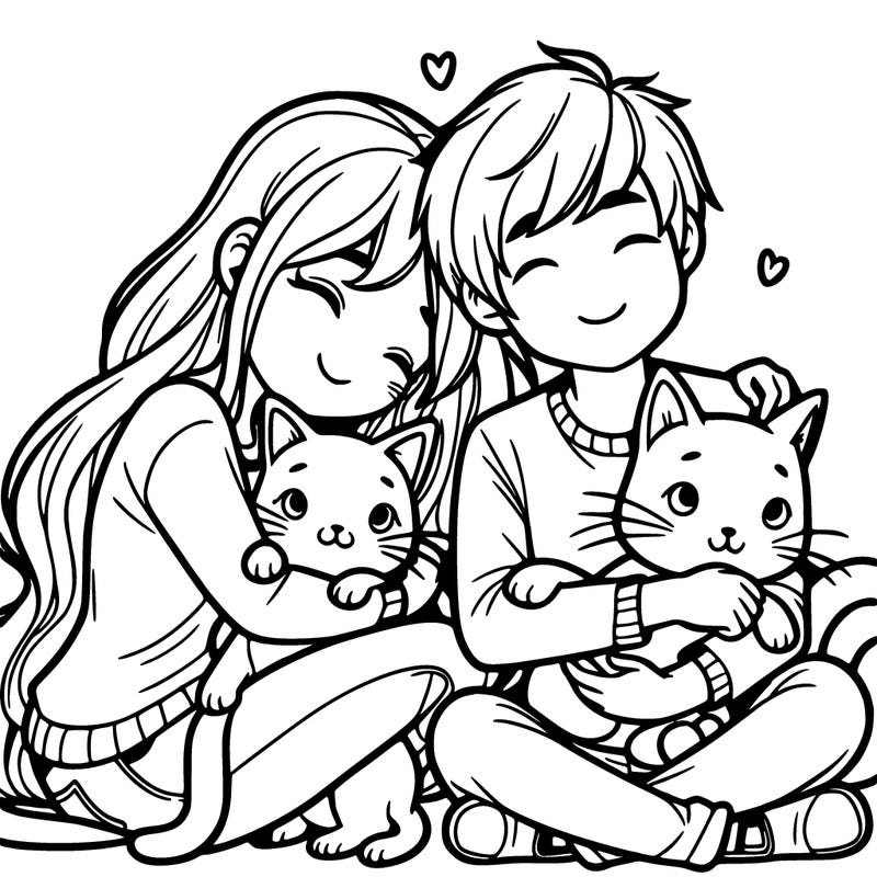 a couple hugging two cats