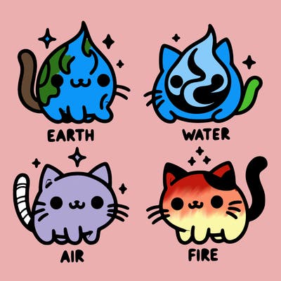 4 cats that represent the different elements, earth, water, air, and fire