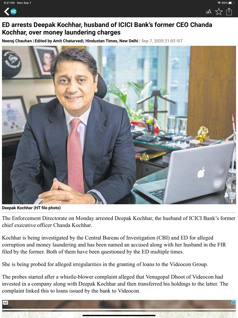 Application Hindustan Times montrant un article d'actualité sur Deepak Kochhar sur un iPad